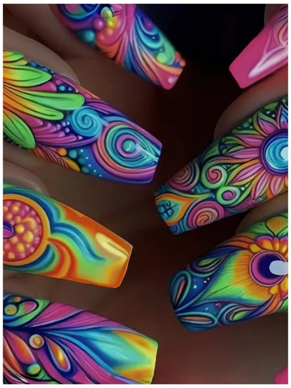 NWT Psychedelic Peacock Press On Nails Coffin Medium Vibrant Trippy Art